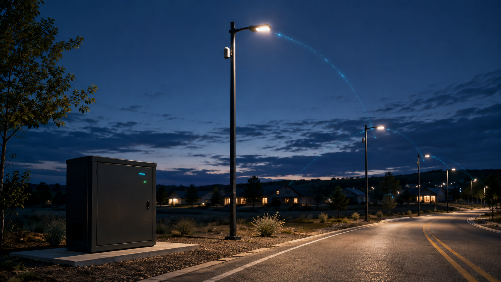 Conceptual connected smart lighting network operating at dusk